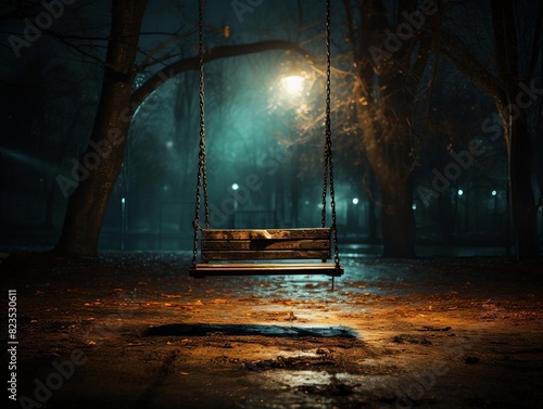 Document a hairraising scene of an empty swing moving in the wind at night photo