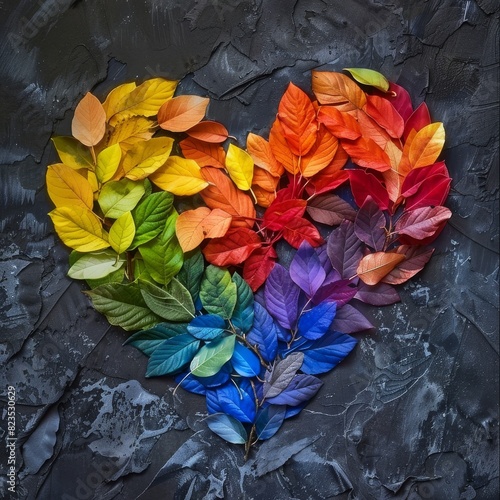 The rainbow heart made from varous colors leaves. lgbtq concept photo