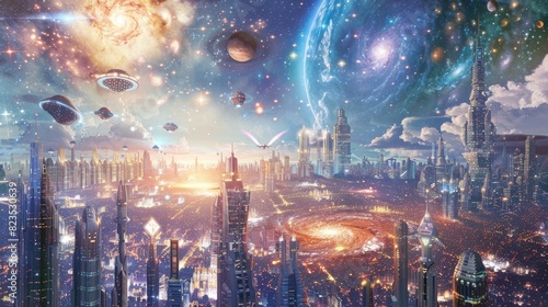 A futuristic cityscape, with towering skyscrapers and flying vehicles against a backdrop of a massive, distant quasar cluster. photo