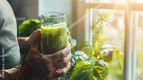Senior Mans Hands Holding a Vibrant Green Smoothie Embracing a Healthy Lifestyle photo