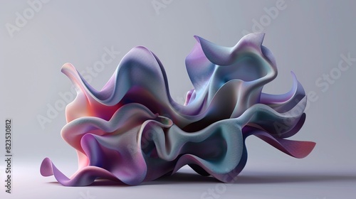 A 3D rendering of a colorful, abstract shape that appears to be made of cloth. The colors include blue, purple, and pink.

