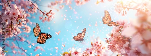 Butterflies flying in flower field with sunlight