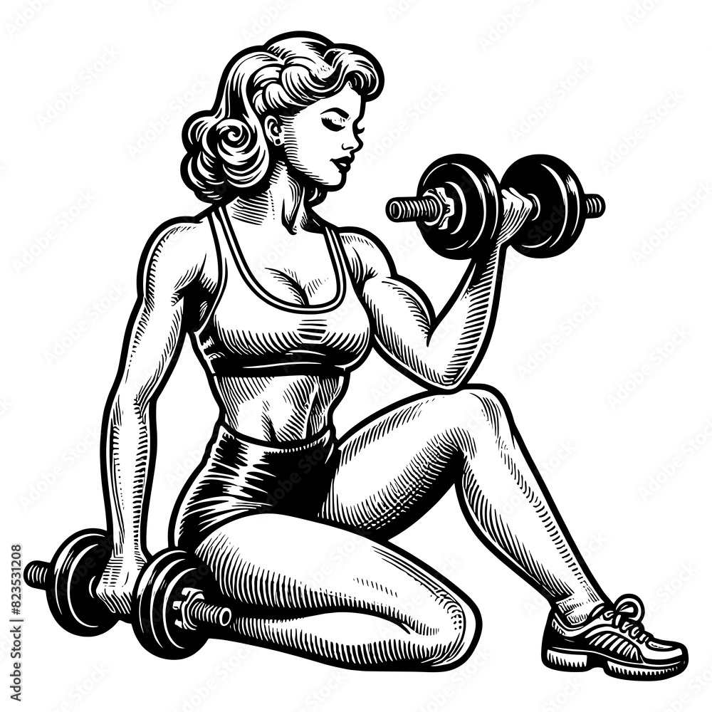 strong, muscular female bodybuilder lifting dumbbells, fitness and strength sketch engraving generative ai fictional character PNG illustration. Scratch board imitation. Black and white image. strong, muscular female bodybuilder lifting dumbbells, fitness and strength sketch engraving generative ai fictional character PNG illustration. Scratch board imitation. Black and white image.