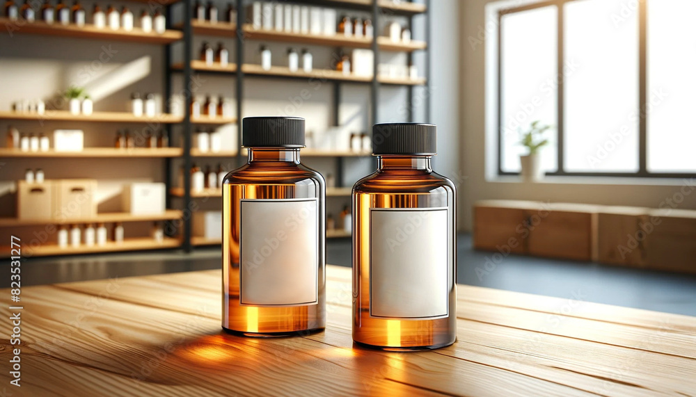 ケア用品や薬品の茶色い瓶のモックアップ ケア用品や薬品の茶色い瓶のモックアップ