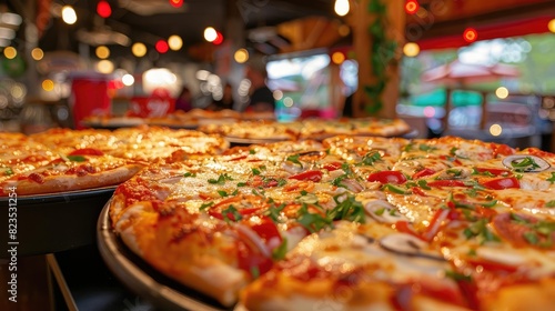 Close-up of delicious, freshly baked pizzas with various toppings in a vibrant, cozy restaurant setting with warm lighting.