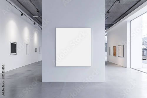 Minimalist gallery with a centered large square blank poster on a broad white wall, modern style. photo
