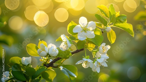 a close-up of a tree branch with white flowers and green leaves. The background is a blurred greenish-yellow