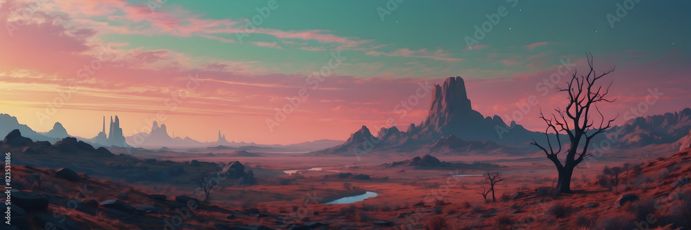 Naklejka premium An alien landscape featuring desolate, rocky terrain under an otherworldly sky with stars and planets