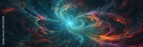 Fractal digital art image resembling a cosmic nebula with swirling patterns and luminous effects