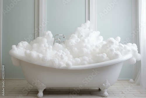 White clawfoot tub overflowing with foam in a tranquil light blue bathroom setting photo