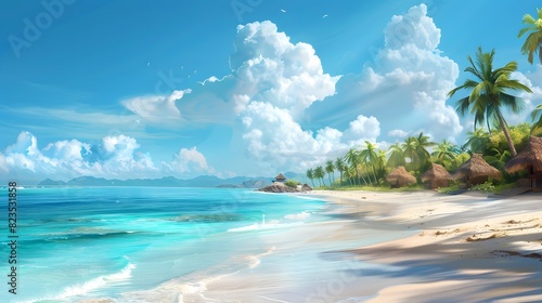 A beautiful tropical beach with white sand, palm trees and thatched huts on the shore. A crystalclear turquoise sea lines up along one side of the sandy expanse.  © horizor