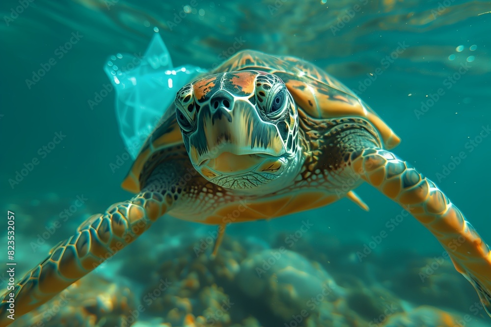 Obraz premium A turtle got tangled up in a bag of ocean waste. The concept of ocean waste, an underwater global problem with plastic trash.