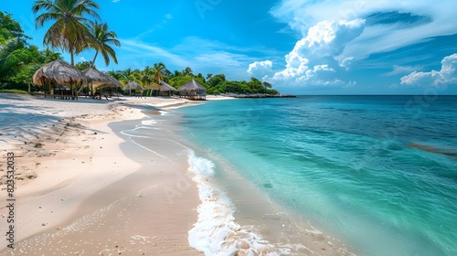 A beautiful tropical beach with white sand, palm trees and thatched huts on the shore. A crystalclear turquoise sea lines up along one side of the sandy expanse. 