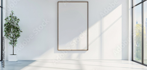 Expansive minimalist gallery with a wide empty frame on a pristine white wall. photo