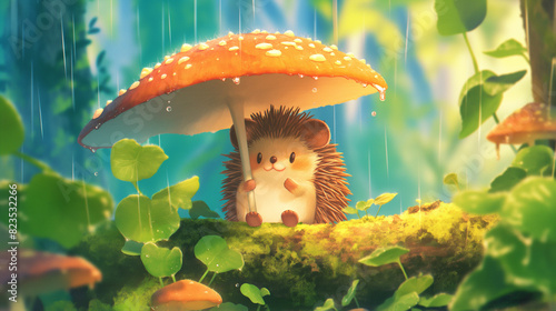 Personagem de ouriço fofo se escondendo da chuva sob um cogumelo na floresta verde photo