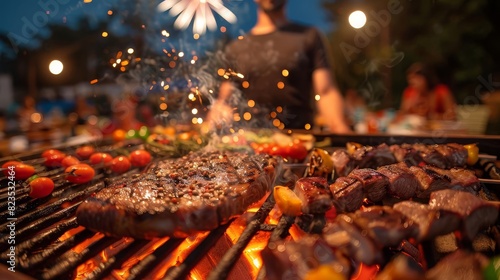 A  lively outdoor barbecue with sizzling steaks and skewers, capturing the essence of a summer evening gathering. photo