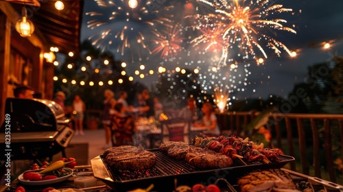 Wallpaper Mural Festive backyard barbecue party at night with fireworks, grilled food, and string lights, capturing a joyful summer celebration under the stars. Torontodigital.ca