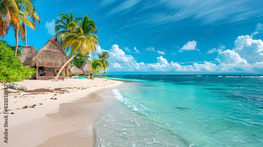 Fototapeta premium A beautiful tropical beach with white sand, palm trees and thatched huts on the shore. A crystalclear turquoise sea lines up along one side of the sandy expanse. 