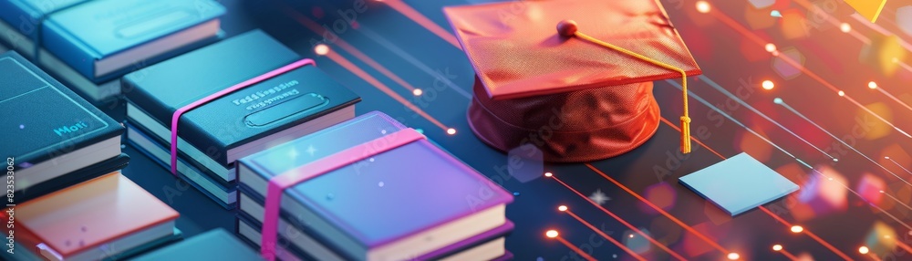 Graduation concept with books and a mortarboard cap on a digital background, representing education and technology integration. Graduation concept with books and a mortarboard cap on a digital background, representing education and technology integration.