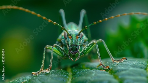 A close-up of a green insect with long antennae, sitting on a green leaf. © MIX STOCK IMAGE