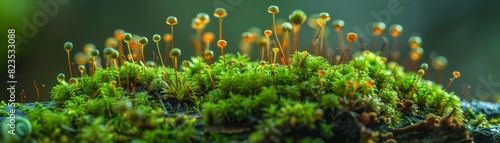Close-up of vibrant green moss and sporangia on a log, showcasing the intricate beauty of nature in a forest environment. photo