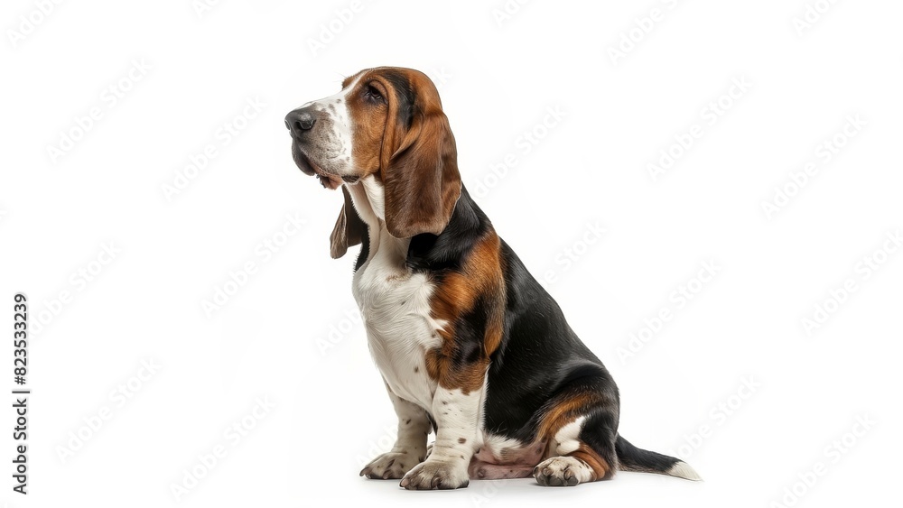 a sitting Basset Hound dog, front view, full isolated body, side view, white solid background