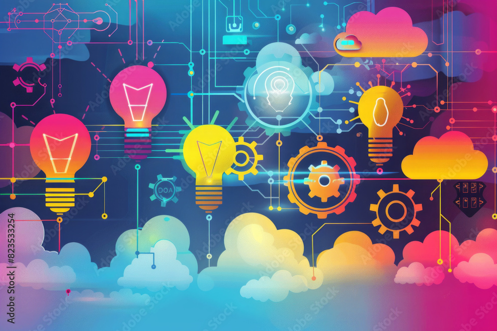 Obraz premium An illustration of lightbulbs and gears integrated with cloud icons, representing innovation and technological advancements driven by cloud computing. 