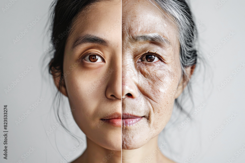 Split face of young and old Asian woman showing aging concept Split face of young and old Asian woman showing aging concept