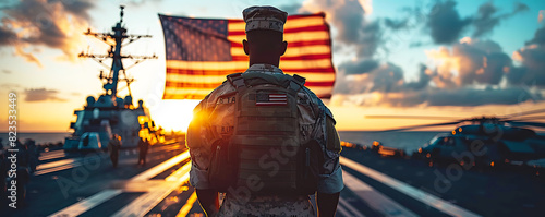  United States Marine Corps soldier standing guard aboard a warship adorned with the stars and stripes of the American flag, symbolizing protection and strength on Independence Day.