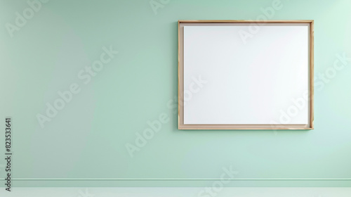 Contemporary gallery with a fresh and modern rectangular empty frame on a light mint wall.