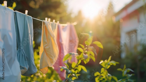 clothesline with freshly dried clothes on sunny day, bringing warmth and comfort, Sunlit sheets and pillowcases hanging on a clothesline in a backyard garden, radiating the charm of a tranquil summer  photo