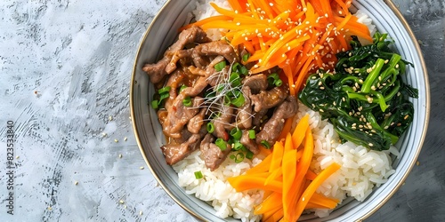 Korean dish with rice vegetables and meat delicious and healthy. Concept Korean Rice Bowl, Bibimbap Recipe, Healthy Meats, Savory Vegetables, Asian Cuisine photo