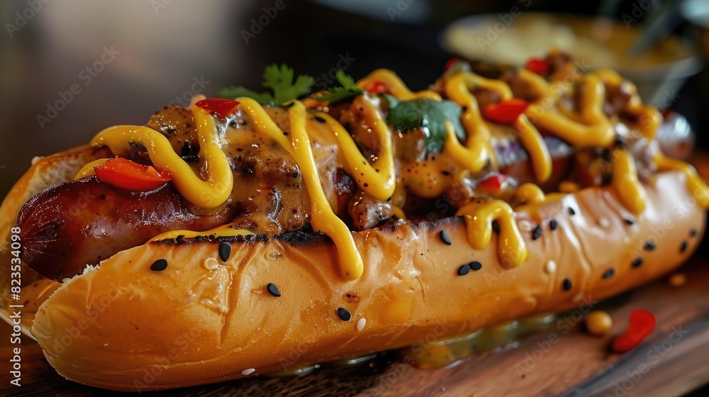 custom made wallpaper toronto digitalClose-up of a delicious hot dog topped with mustard, herbs, and spices on a wooden board, showcasing street food at its finest.