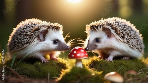 Two hedgehogs in the forest with mushroom