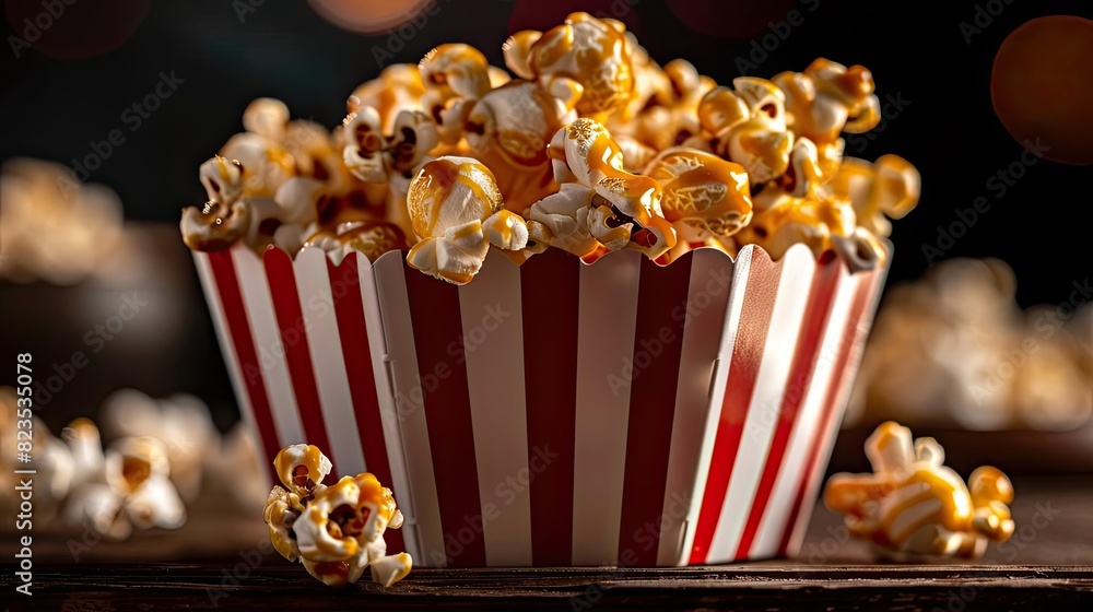 A close-up shot of caramel popcorn in a red and white striped bucket against a dark background. Perfect for movie night themes and snack concepts. A close-up shot of caramel popcorn in a red and white striped bucket against a dark background. Perfect for movie night themes and snack concepts.