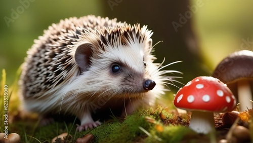 Hedgehog in the forest with mushroom, close up