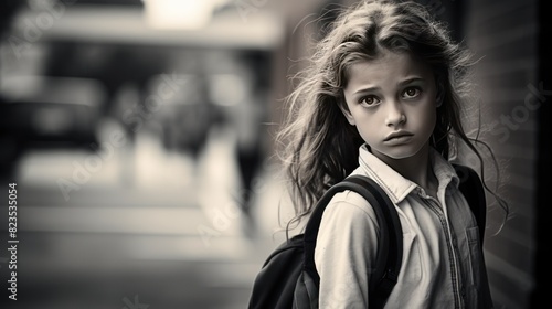 little white girl, her gaze fixed on the school entrance, 