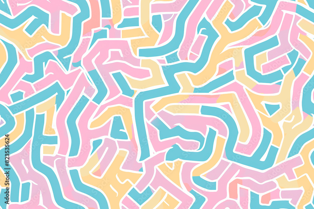 Abstract pastel-colored lines in a maze-like pattern, creating a seamless and playful background ideal for creative and modern designs Abstract pastel-colored lines in a maze-like pattern, creating a seamless and playful background ideal for creative and modern designs