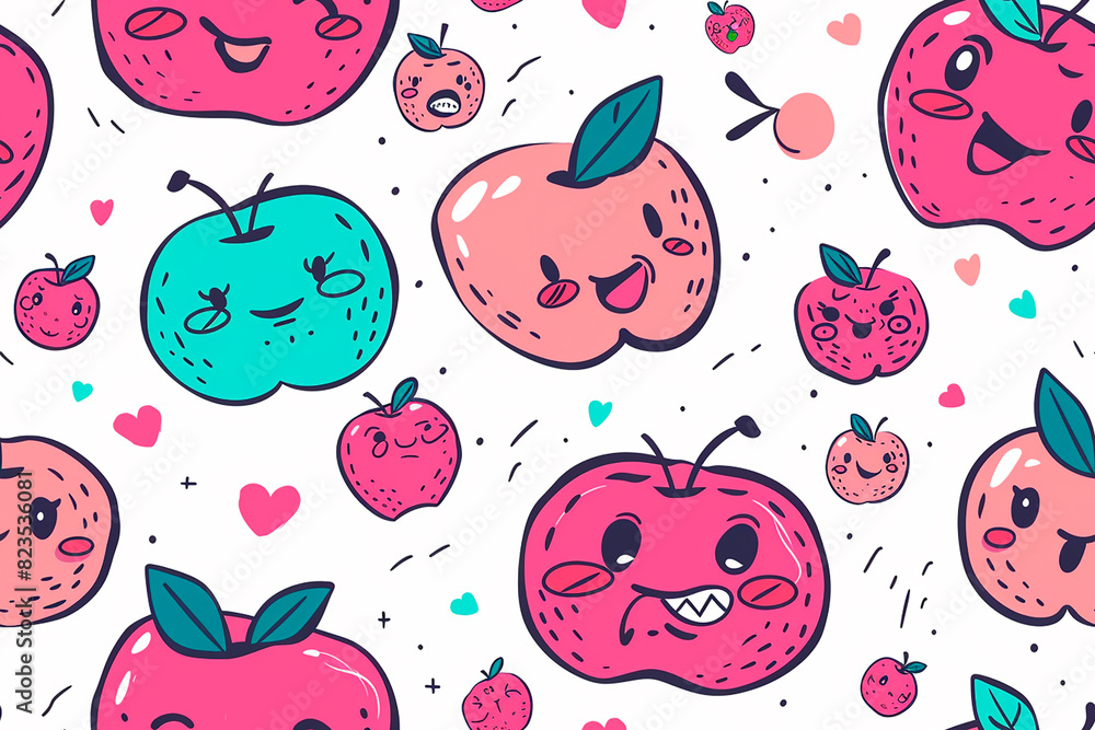 Seamless kawaii fruit pattern featuring cute apples and cherries with faces on a white background, perfect for playful and fun decoration and designs Seamless kawaii fruit pattern featuring cute apples and cherries with faces on a white background, perfect for playful and fun decoration and designs