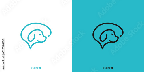 Creative Pet Brain Logo Design. Brain and Dog Head with Line Art Outline Style. Pet School Logo, Icon, Symbol, Vector, Design Template.