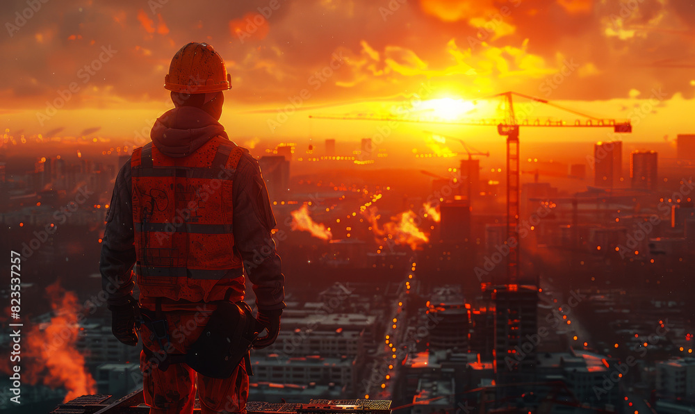 Man in helmet looks at the sunset over the city. The concept of successful career. Man in helmet looks at the sunset over the city. The concept of successful career.