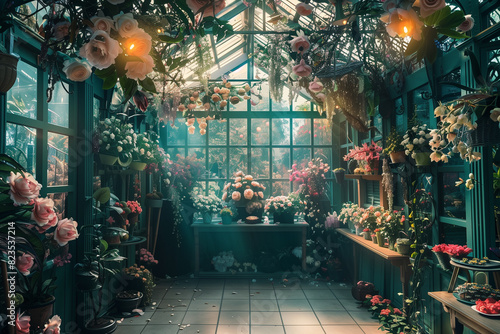Dreamy imaginary fairy florist room - elegant greenhouse - flowers arrangments for interior decor	