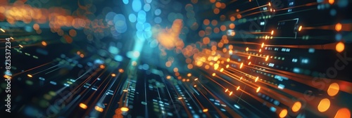 Orange and blue light streaks visualize data flow on a dark digital circuit board, enhancing a tech concept