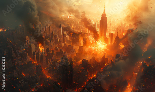 Apocalyptic view of the burning city. Apocalpytic view. Post-apocalyptic world concept. photo