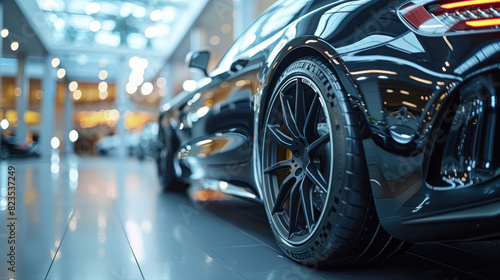 Close-up of luxury car wheel in modern showroom. Ideal for automotive advertising, showcasing high-end vehicles and promoting car dealerships
