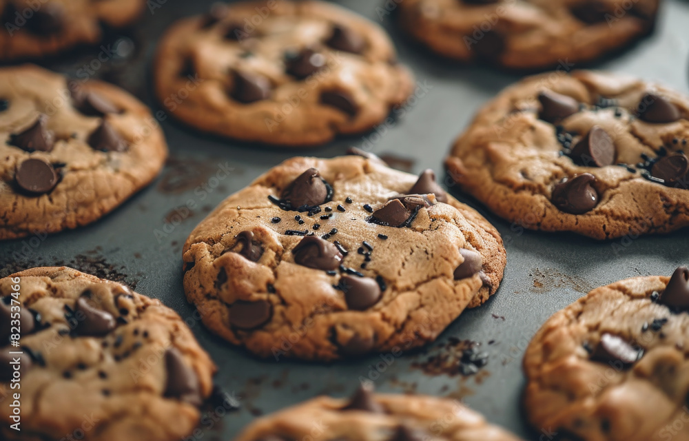 Chocolate chip cookies on baking tray Chocolate chip cookies on baking tray