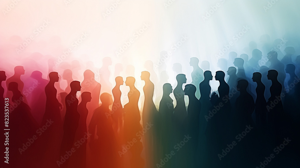 Vibrant Conversations - Abstract Colored Silhouette Profiles of People Engaged in Dialogue and Communication in a Talking Crowd with Multiple Exposures