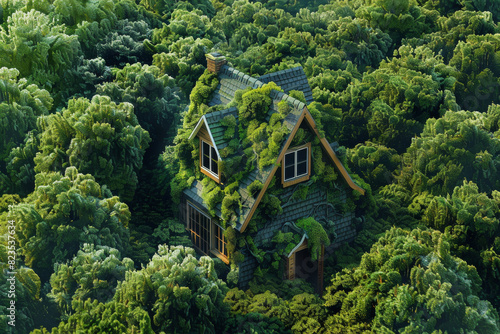 a house shaped house is seen in the middle of a green fores photo