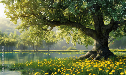 Beautiful tree and yellow flowers near the lake summer landscape