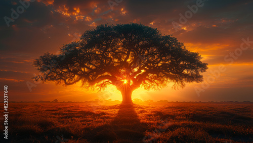 Single tree in the middle of field with beautiful sunset